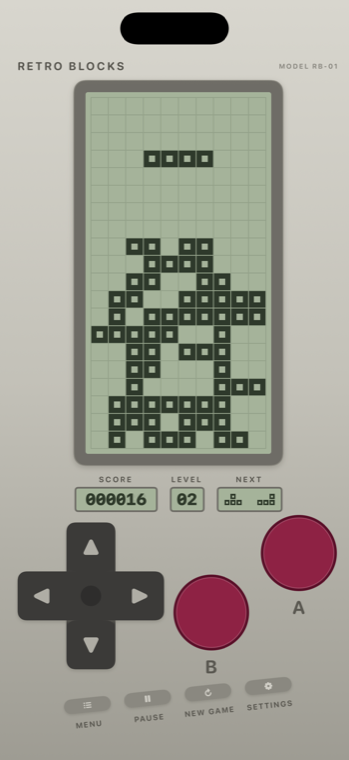 Retro Blocks running on an iPhone: a grey handheld with a green LCD showing stacked blocks, a score of 000016, level 02, and a NEXT window.