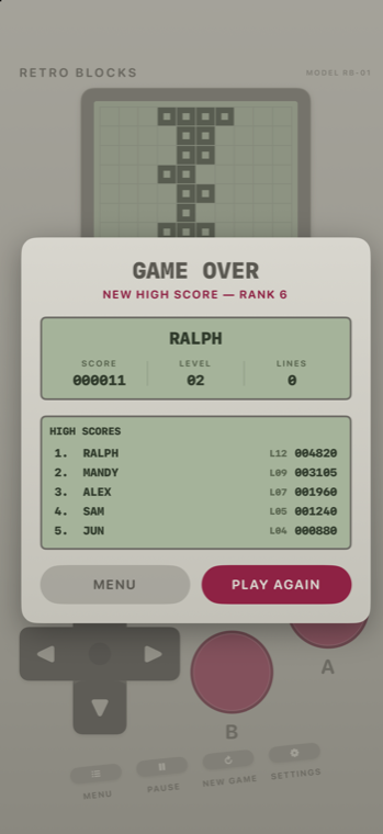 The game-over panel: player name, score, level and lines, with the local high-score table underneath.