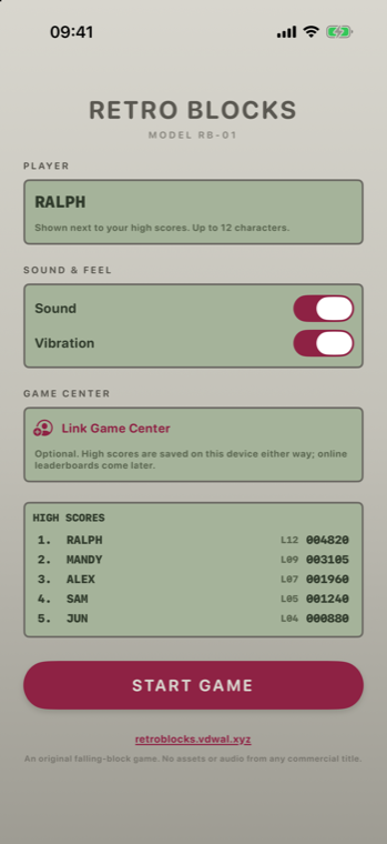 The Retro Blocks start menu: a player name field, switches for sound and vibration, a Game Center link, and a local high-score table.